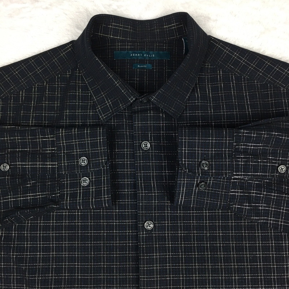 Perry Ellis Dress Shirt Mens Medium Black Metalic Silver Check Slim Fit